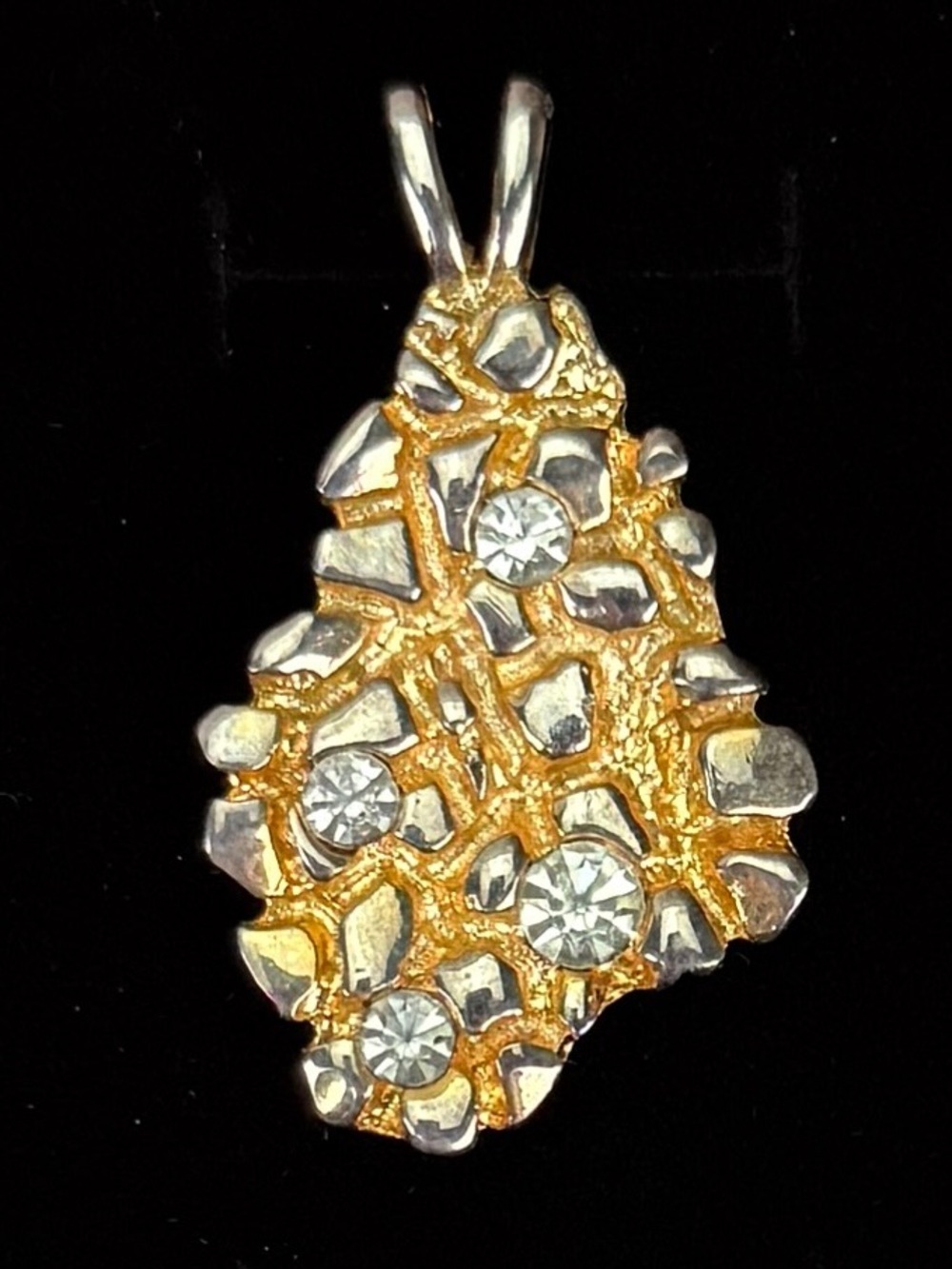 Vintage aged weighted nugget bling Goldtone 18 KCP pendant + free cord necklace